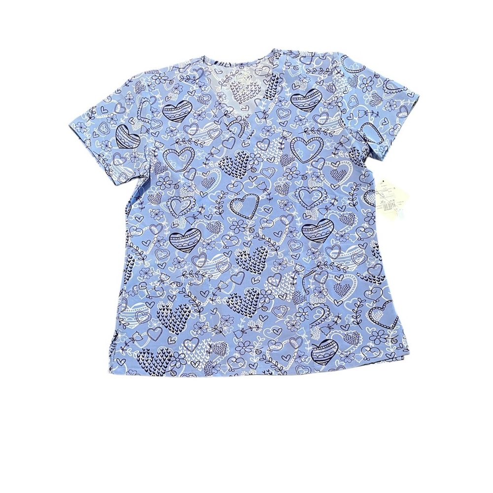 Women's Blue Heart Pattern Short Sleeve Scrub Top